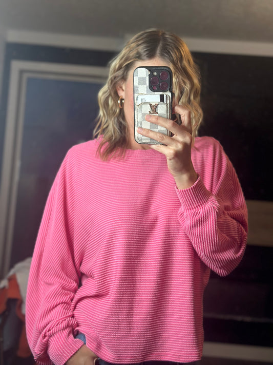 Hot Pink Ribbed Blouse With Slight Balloon Sleeve