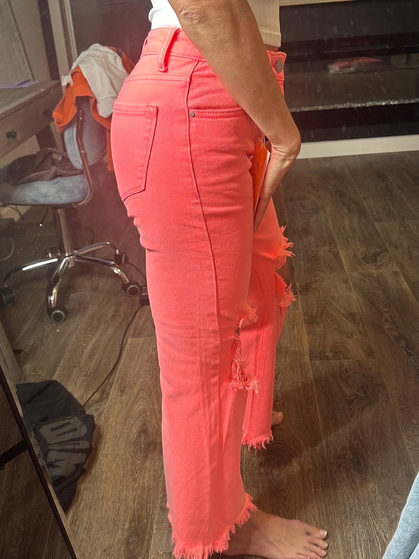 Neon Coral Risen Jeans With Knee Distressing