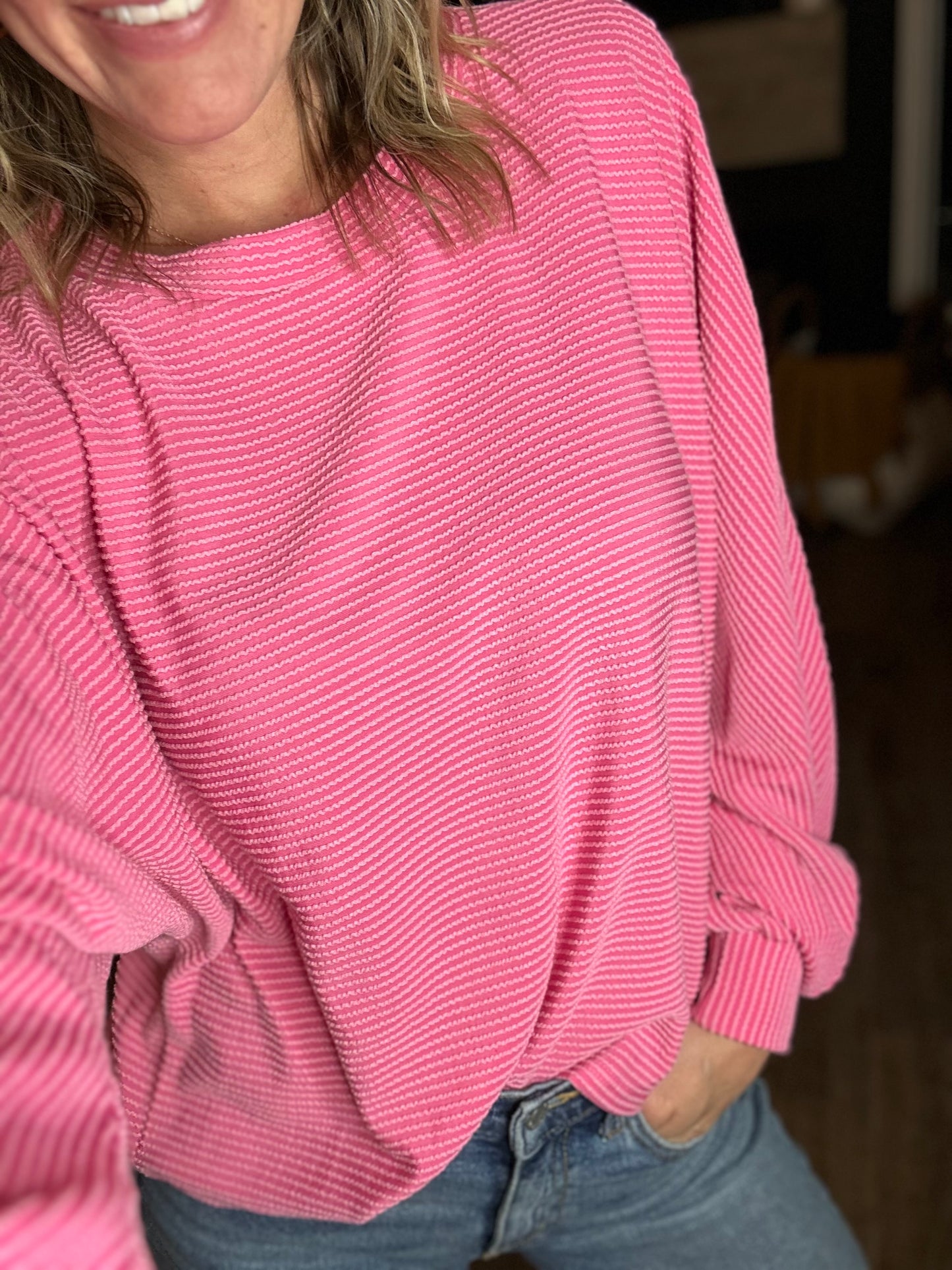 Hot Pink Ribbed Blouse With Slight Balloon Sleeve