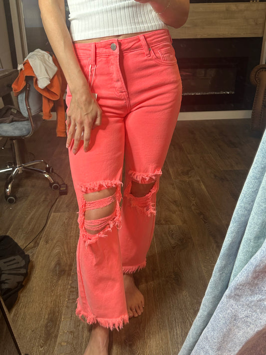 Neon Coral Risen Jeans With Knee Distressing