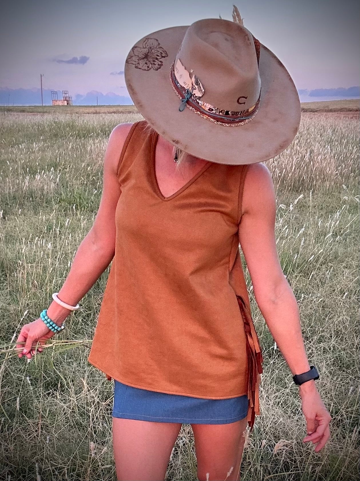 Camel Suede Tank With Fringe